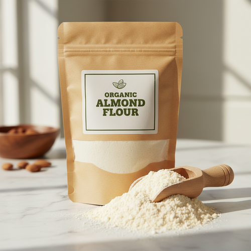 Kraft paper bag of almond flour on white marble