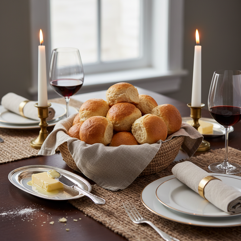 Dinner rolls lifestyle shot in basket on dinner table