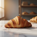 Freshly baked golden croissant on marble surface