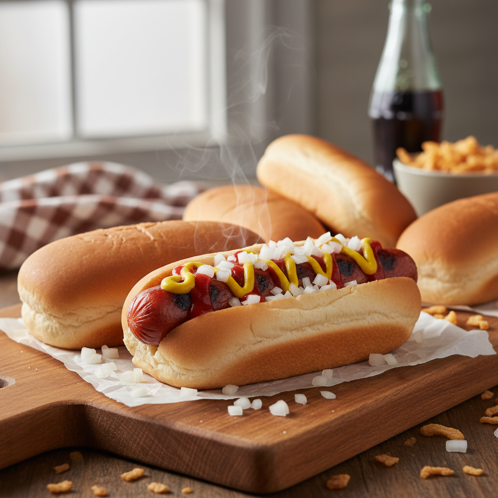 Hot dog buns lifestyle shot with assembled hot dog