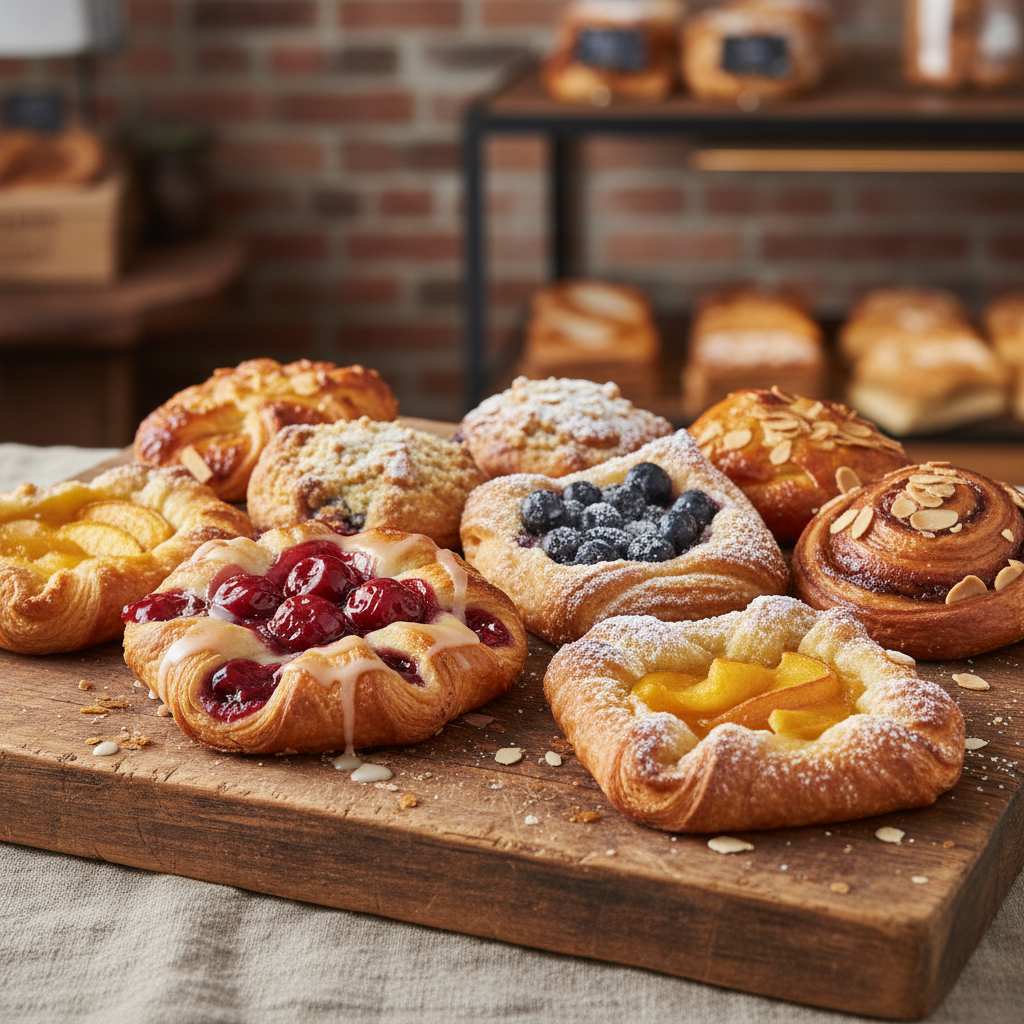 Assorted Danish pastries on wooden board