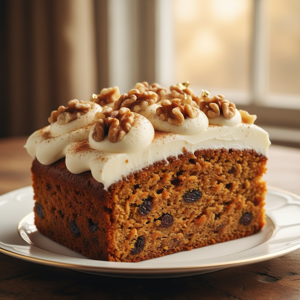 Close-up of carrot cake with cream cheese frosting and walnuts