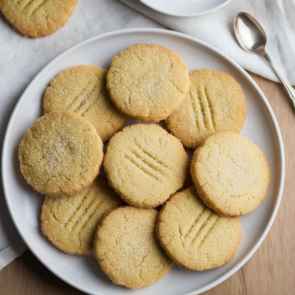 Shortbread cookies on white plate dusted with sugar