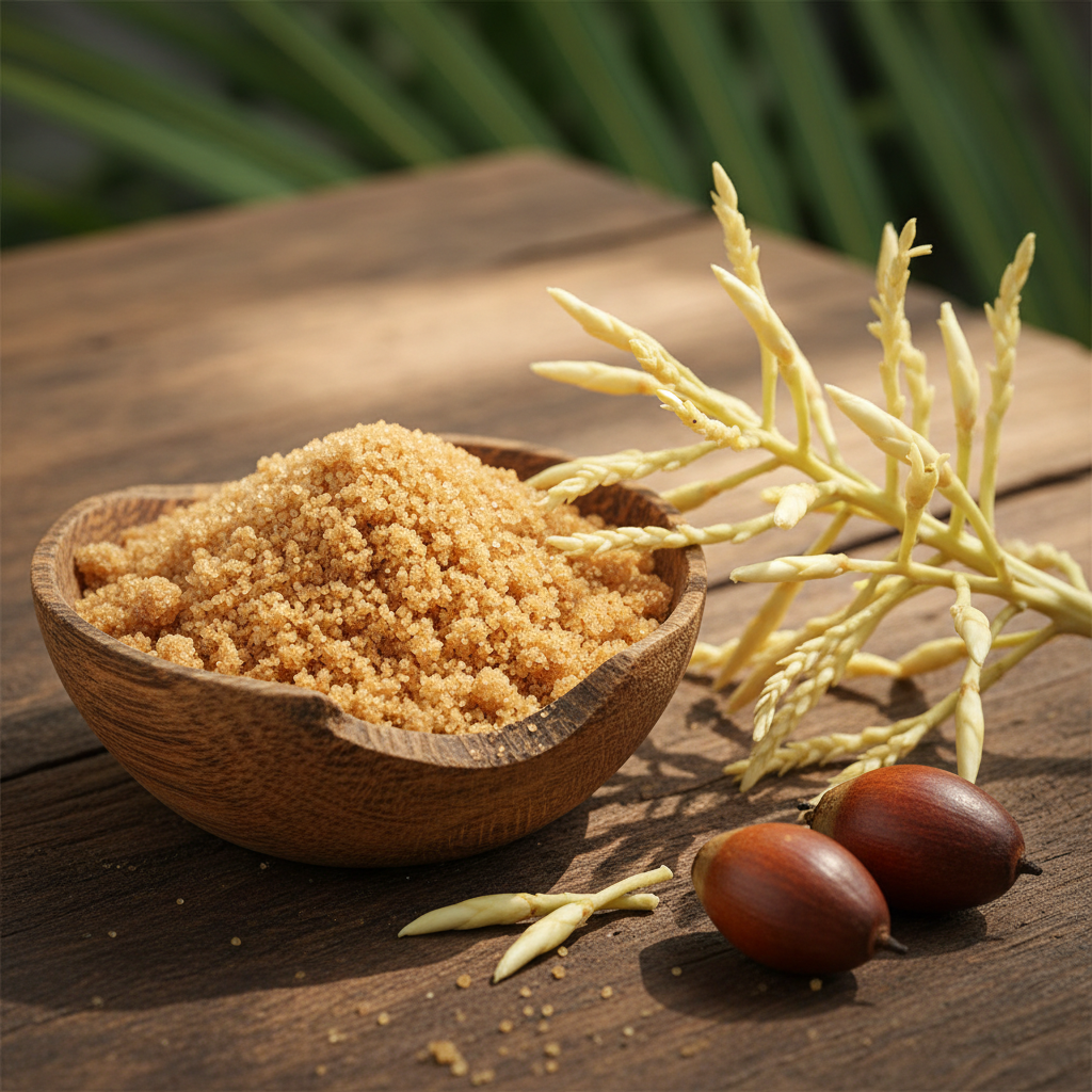 Coconut sugar in wooden bowl with coconut palm flowers