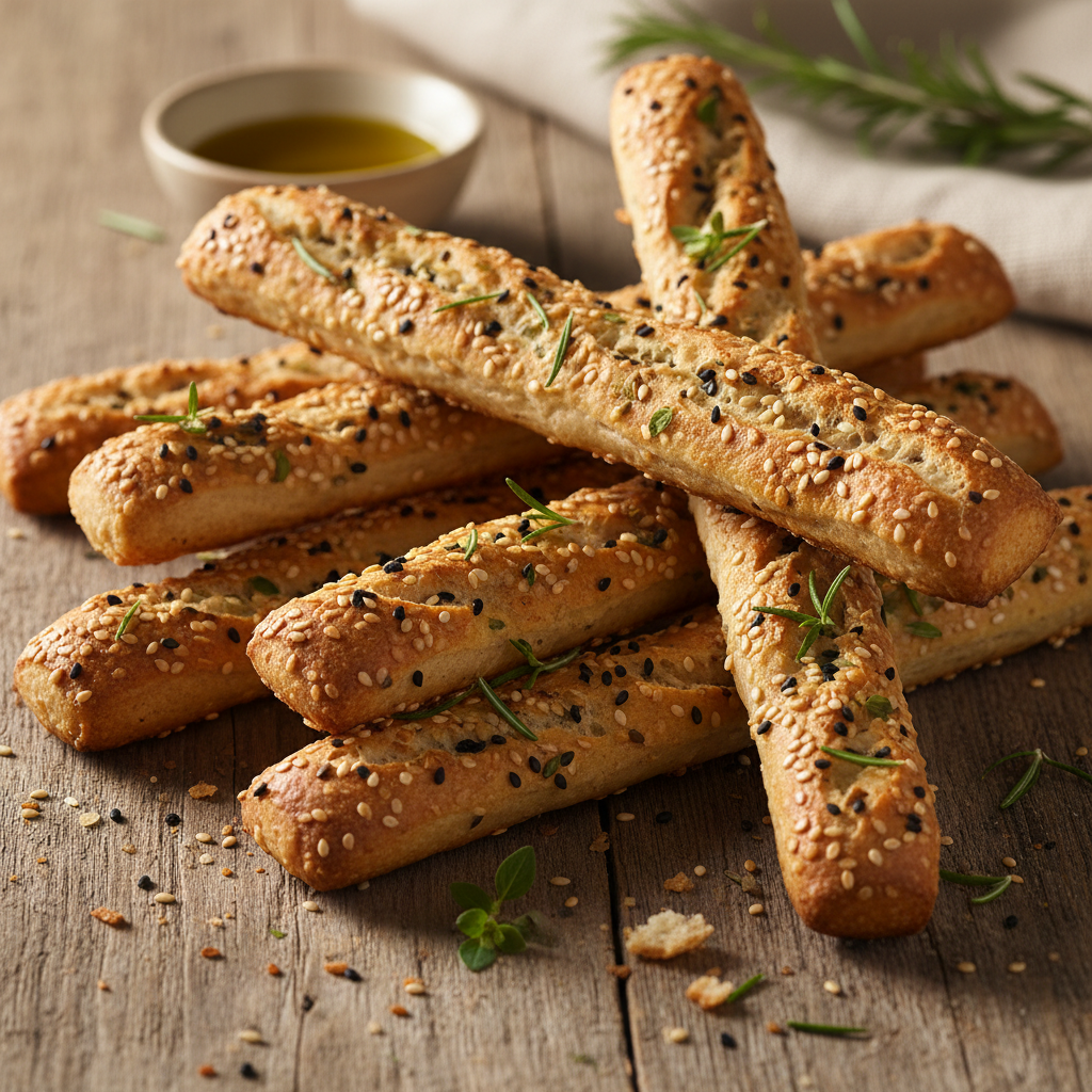 Breadsticks close-up showing crispy texture with seeds