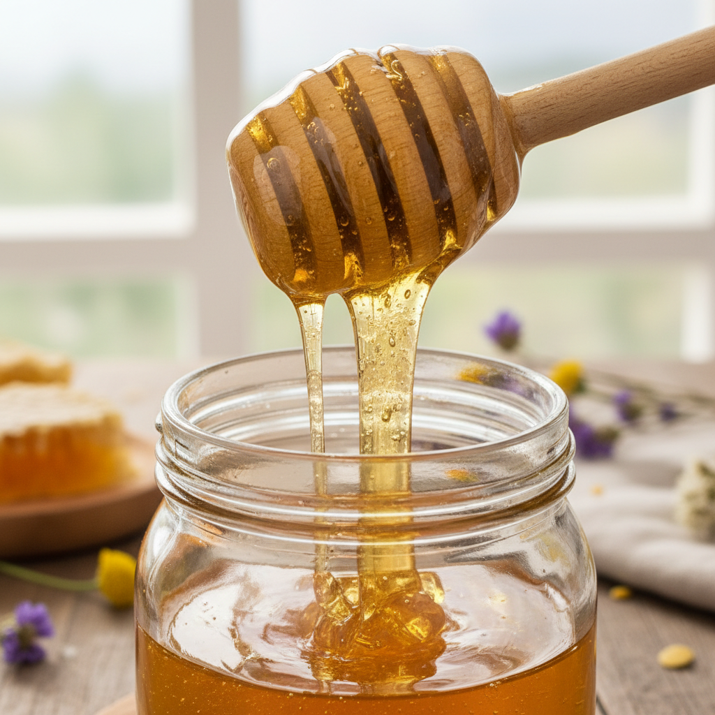 Raw honey dripping from wooden honey dipper