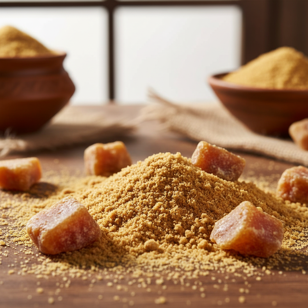 Close-up of organic jaggery powder golden brown texture