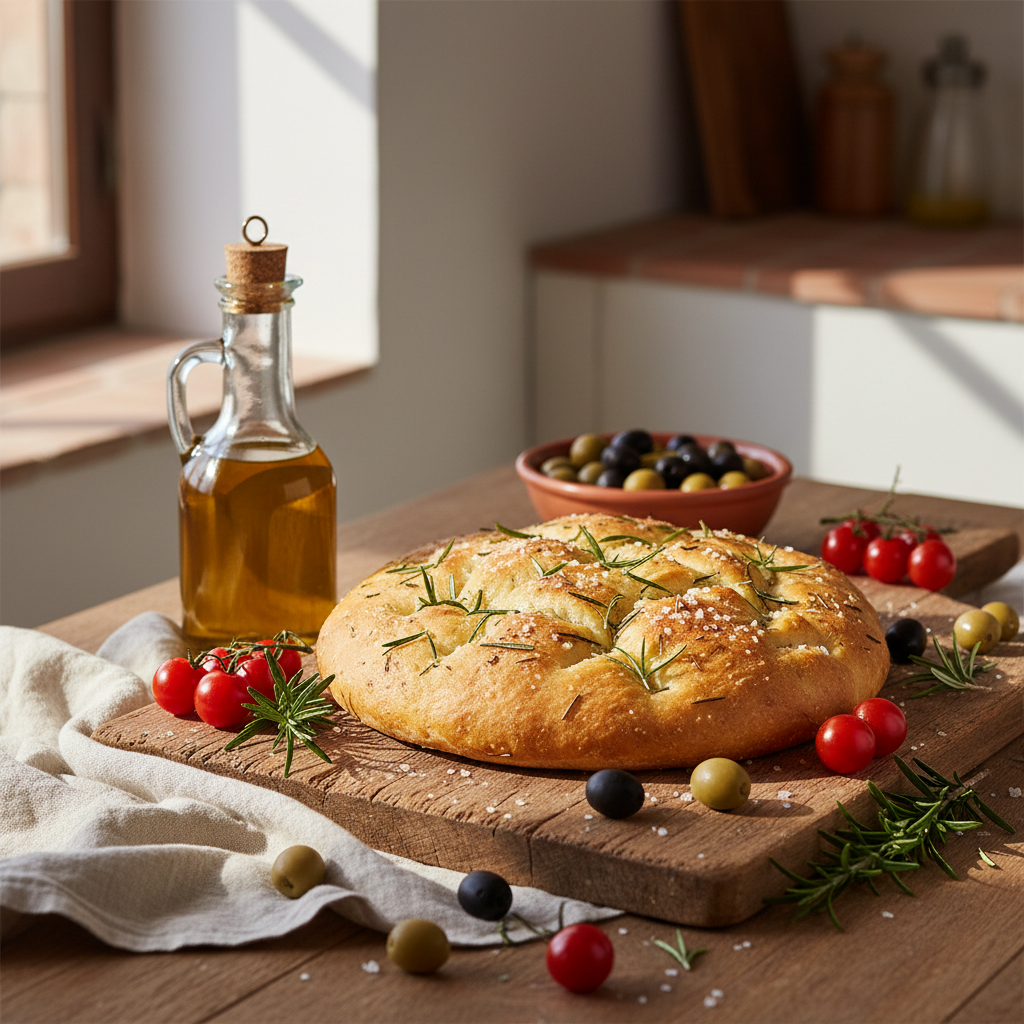 Focaccia lifestyle shot with olive oil and rosemary