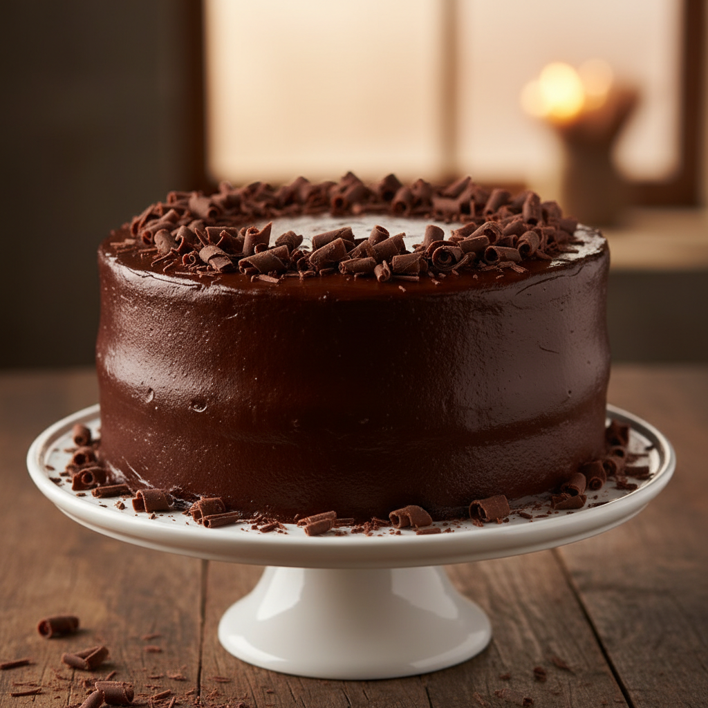 Whole chocolate cake on cake stand