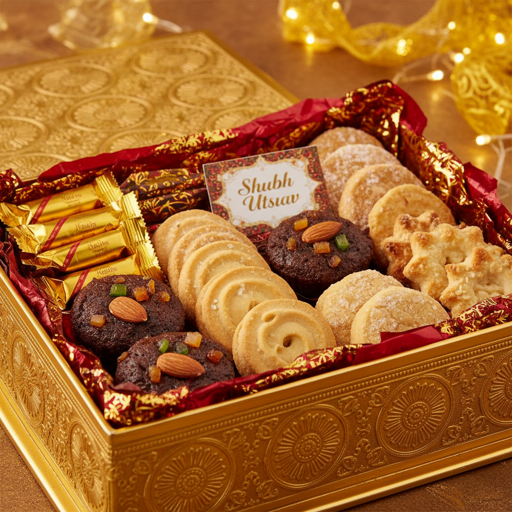 Festive sweet hamper in ornate gold gift box close-up