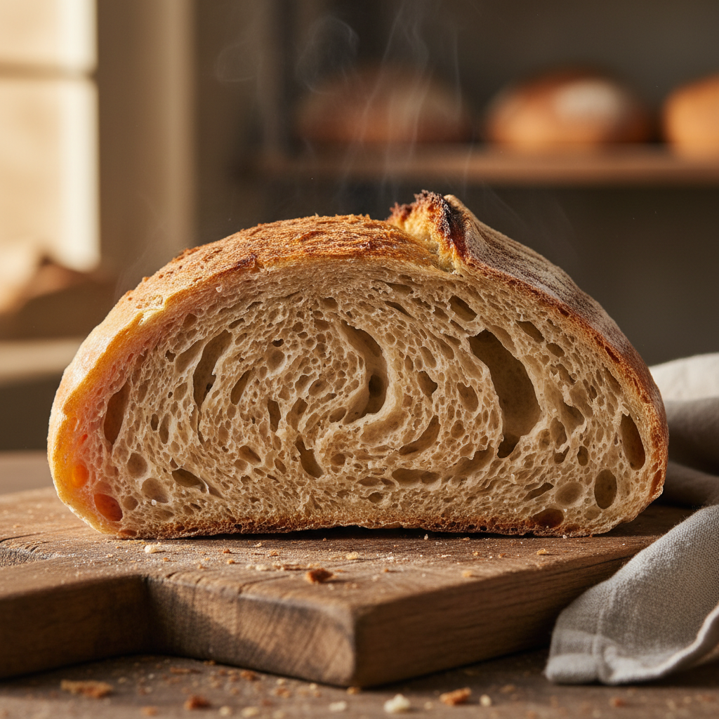 Sourdough bread sliced showing open airy crumb