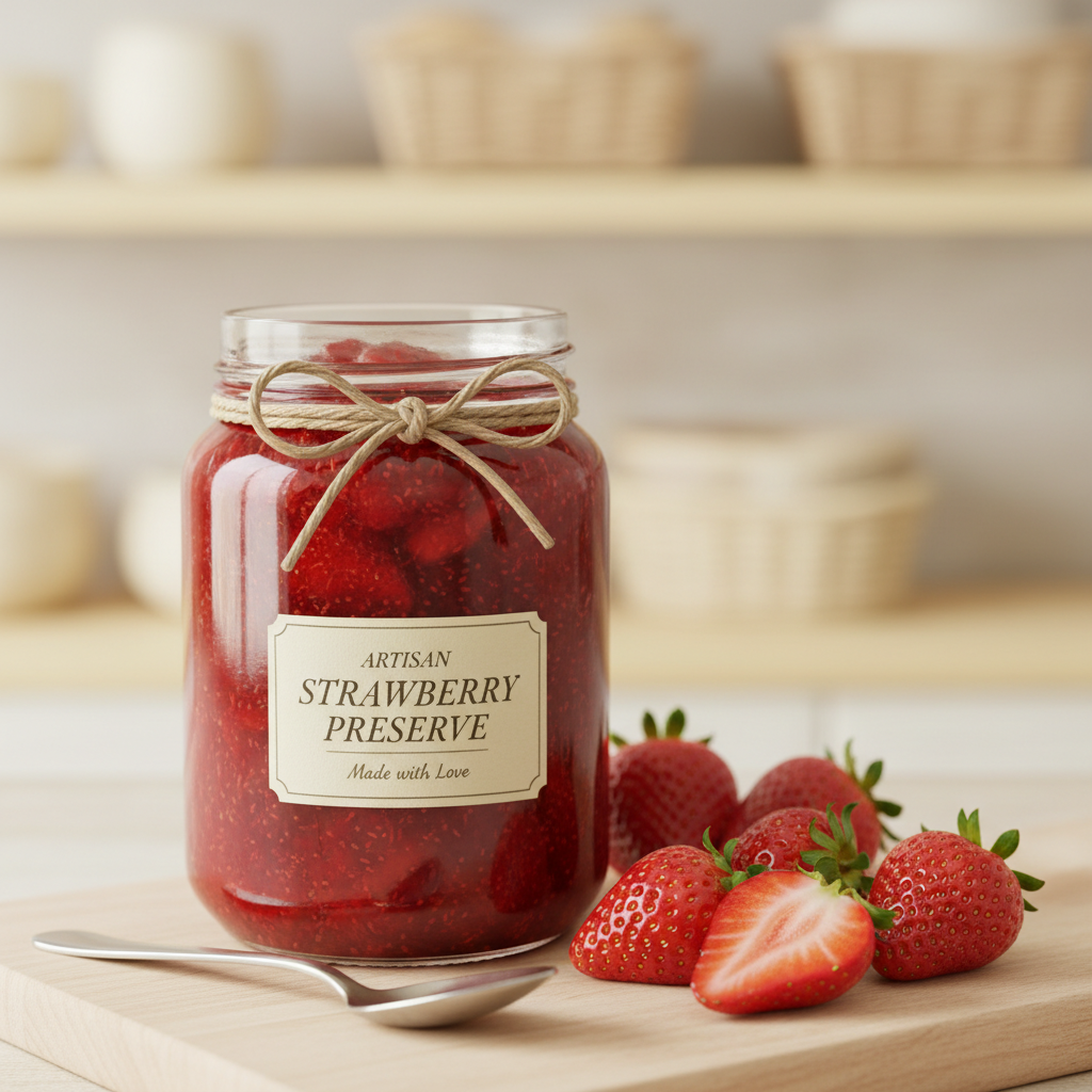 Strawberry preserve in glass jar with fresh strawberries