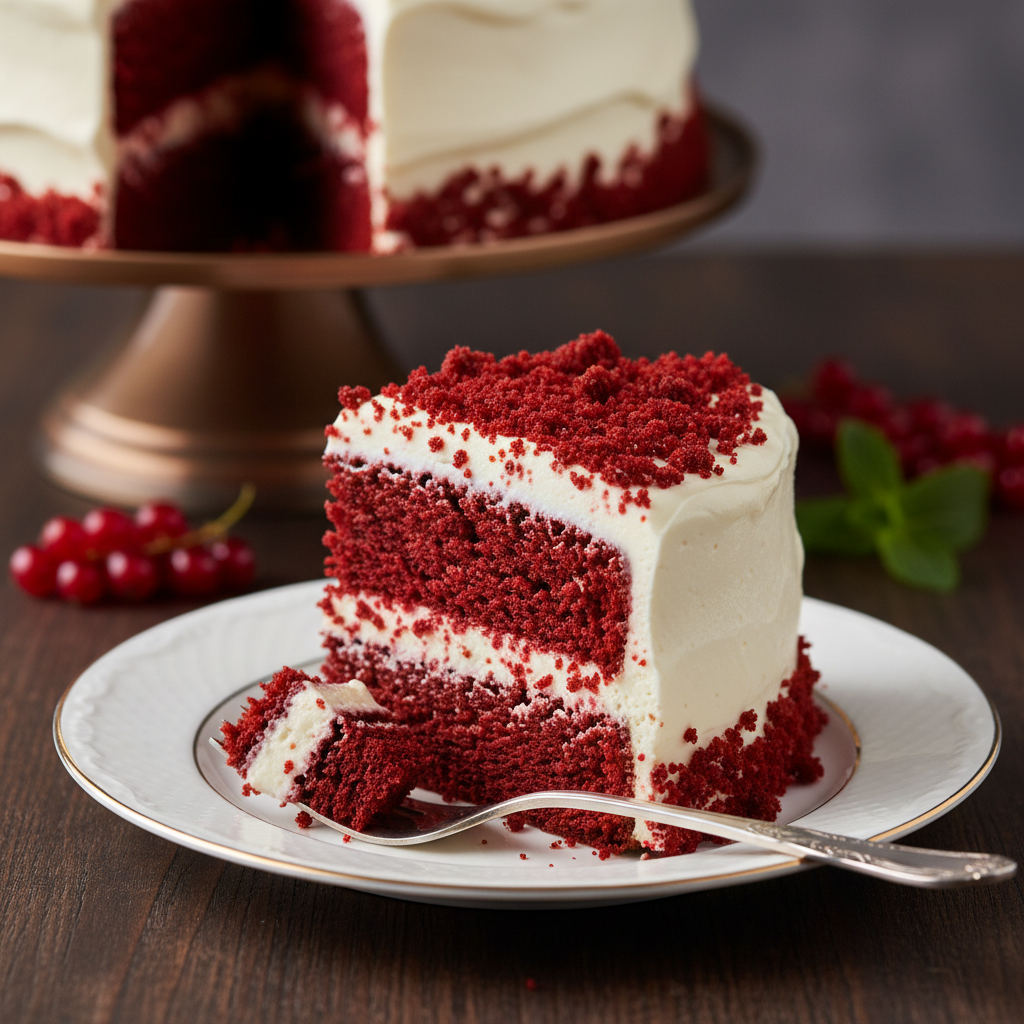 Red velvet cake close-up with cream cheese frosting