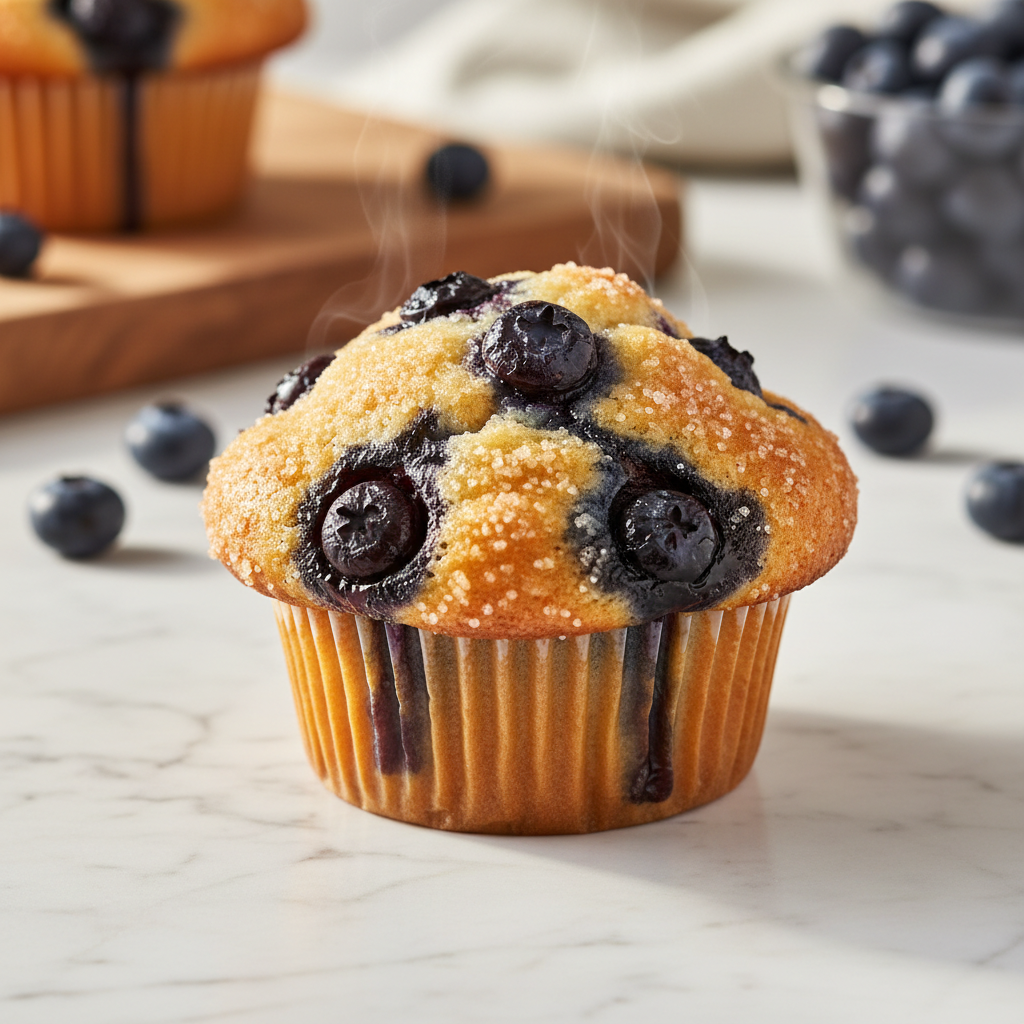 Freshly baked blueberry muffin on white marble
