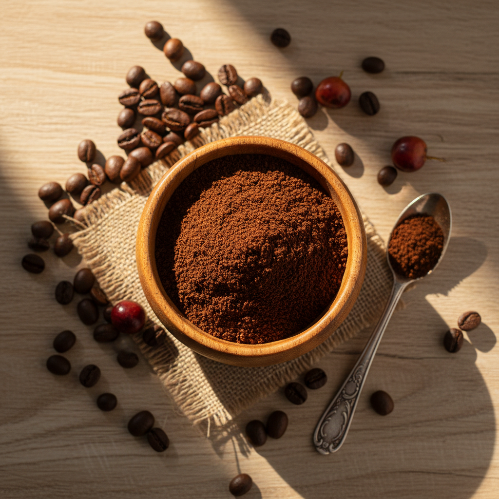 Filter coffee powder in a wooden bowl with coffee beans