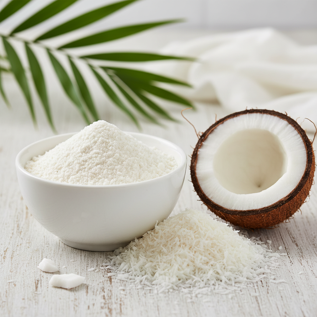 Coconut flour in white bowl with shredded coconut
