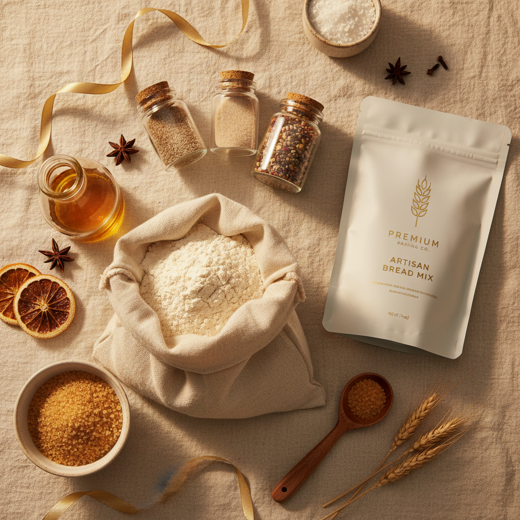 Premium baking essentials hamper flat lay on cream linen