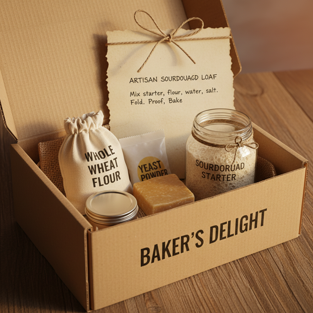 Baker's delight hamper in kraft box close-up with recipe card