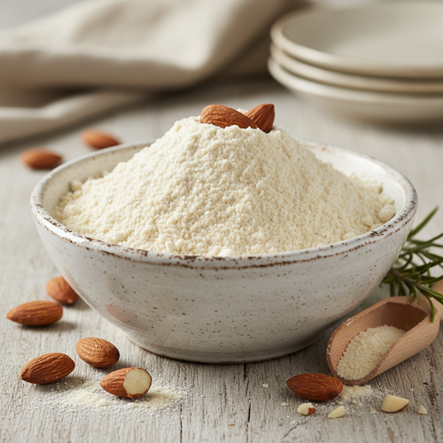 Almond flour in white bowl with whole almonds