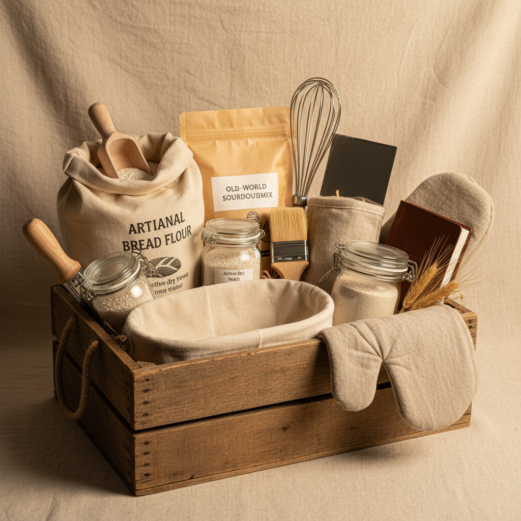 Baker's starter hamper in rustic wooden crate