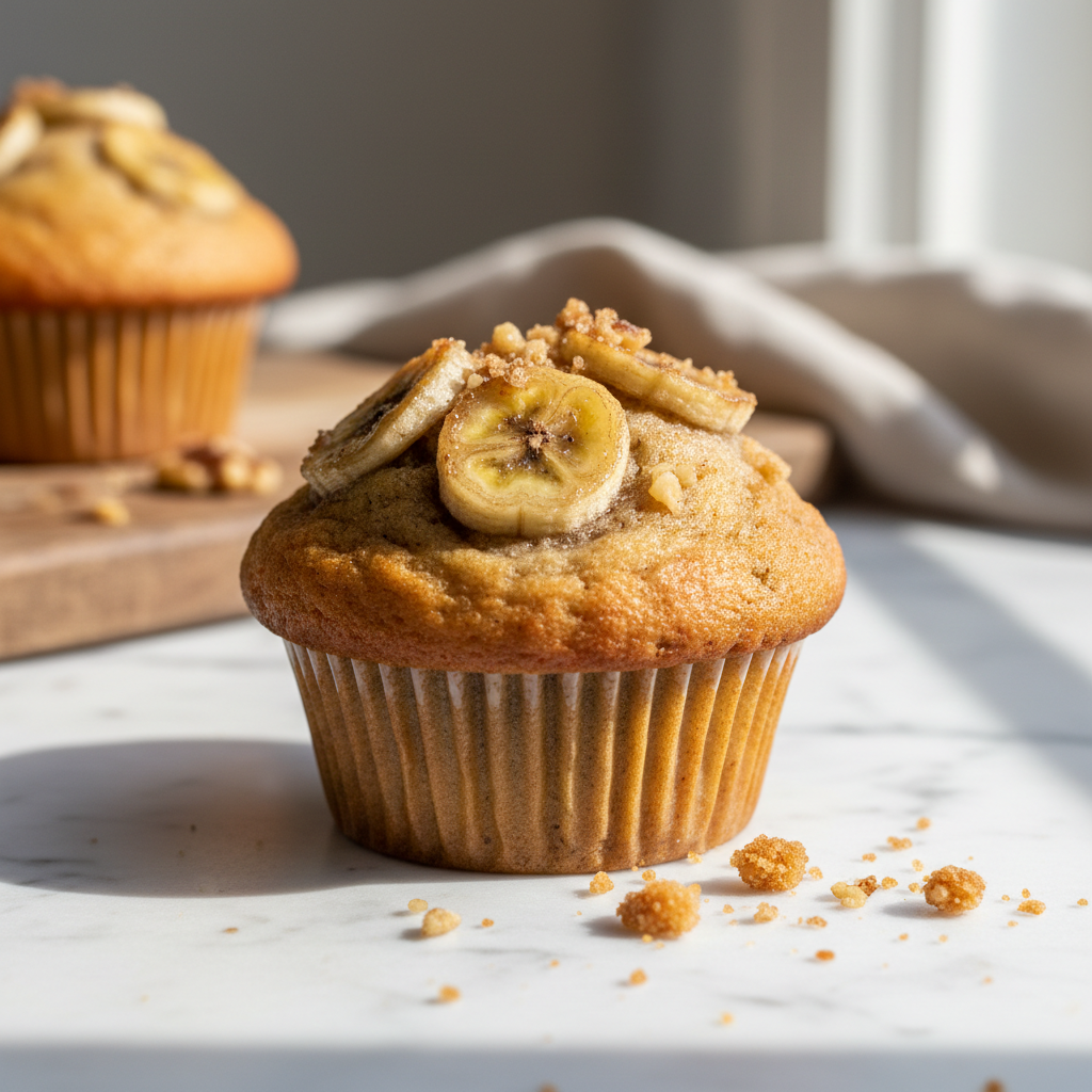 Freshly baked banana muffin with banana slices on top