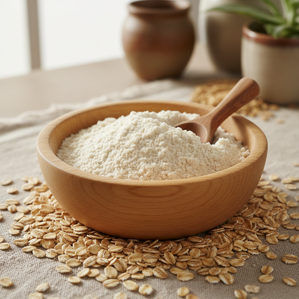 Oat flour in wooden bowl with rolled oats