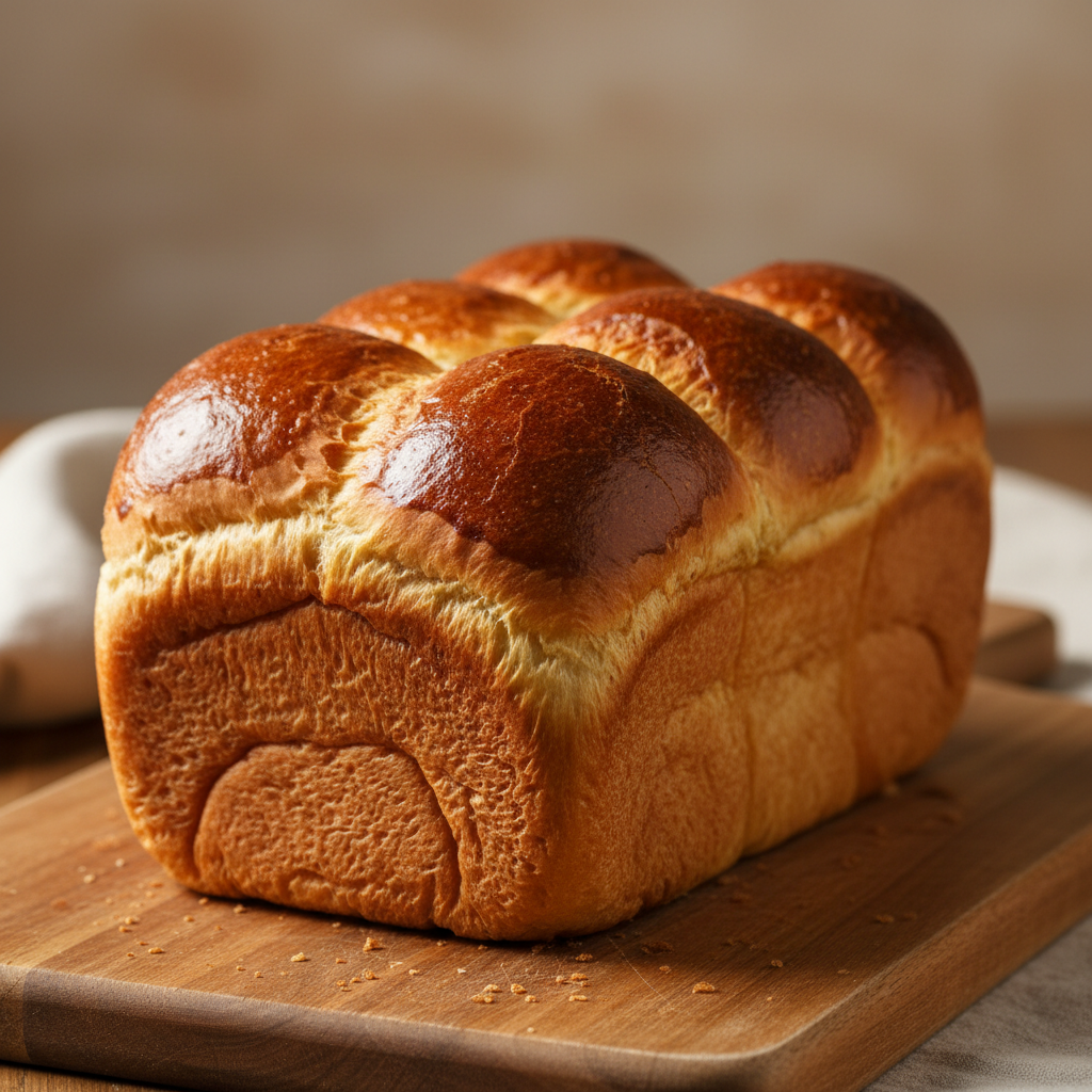 Freshly baked brioche loaf with golden shiny crust