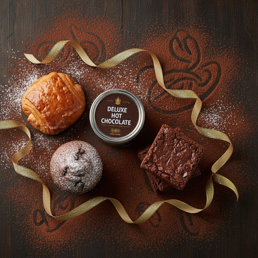 Chocolate hamper flatlay on dark wood surface