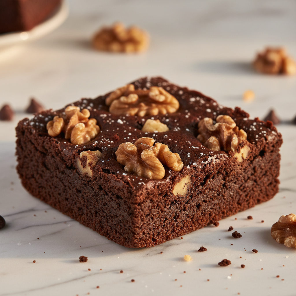Walnut brownie square with chunky walnuts on top