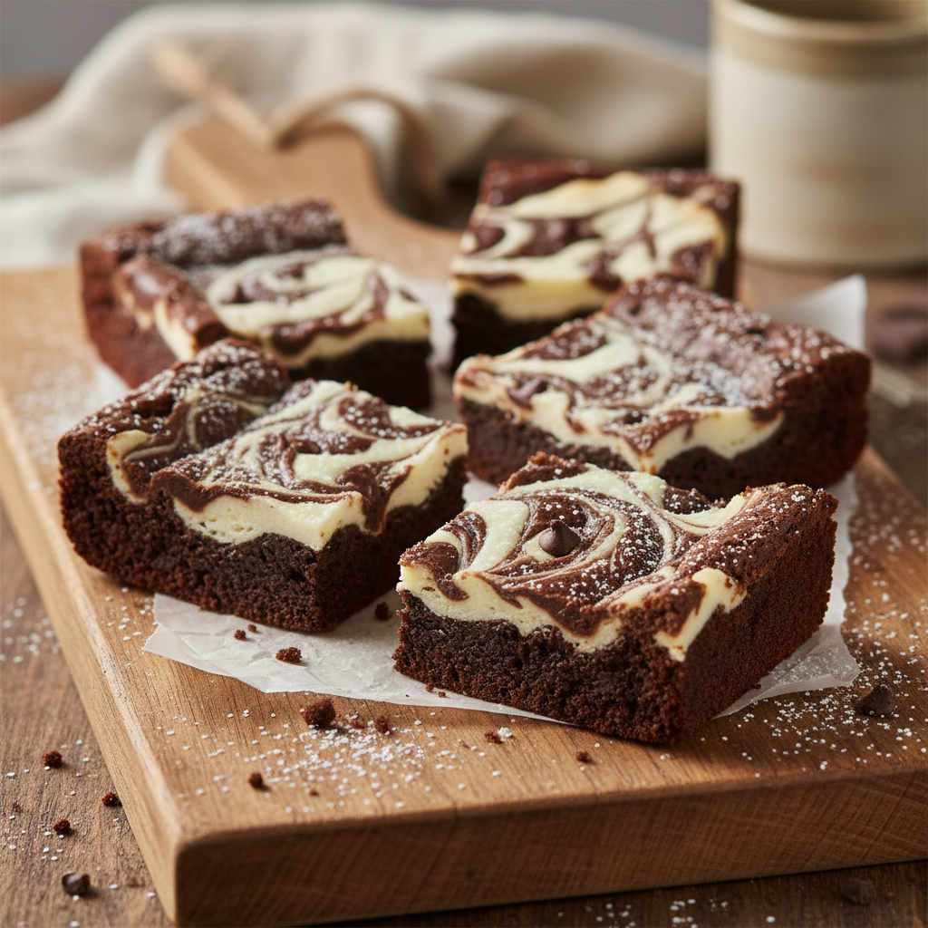 Cream cheese brownie squares with marble swirl pattern