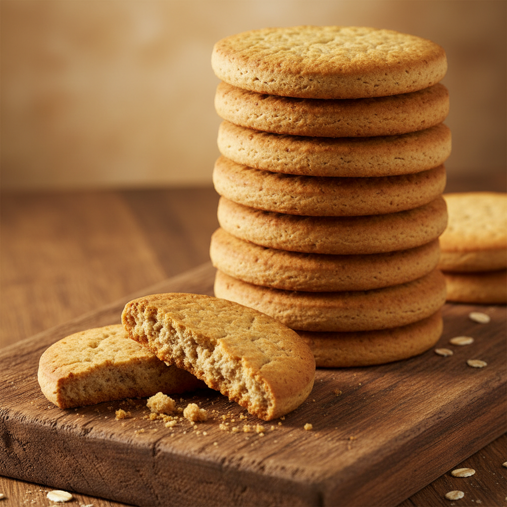 Stack of digestive biscuits broken to show texture