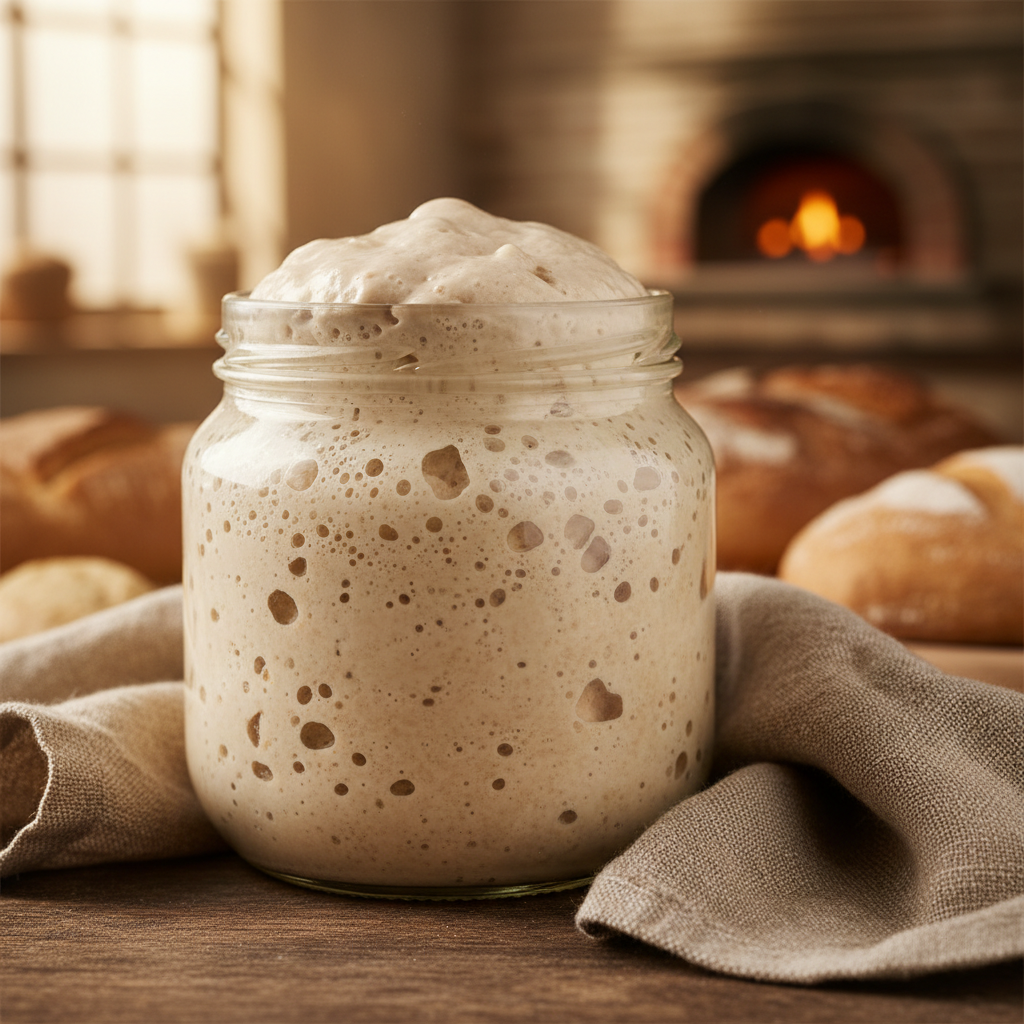 Sourdough starter yeast in glass jar