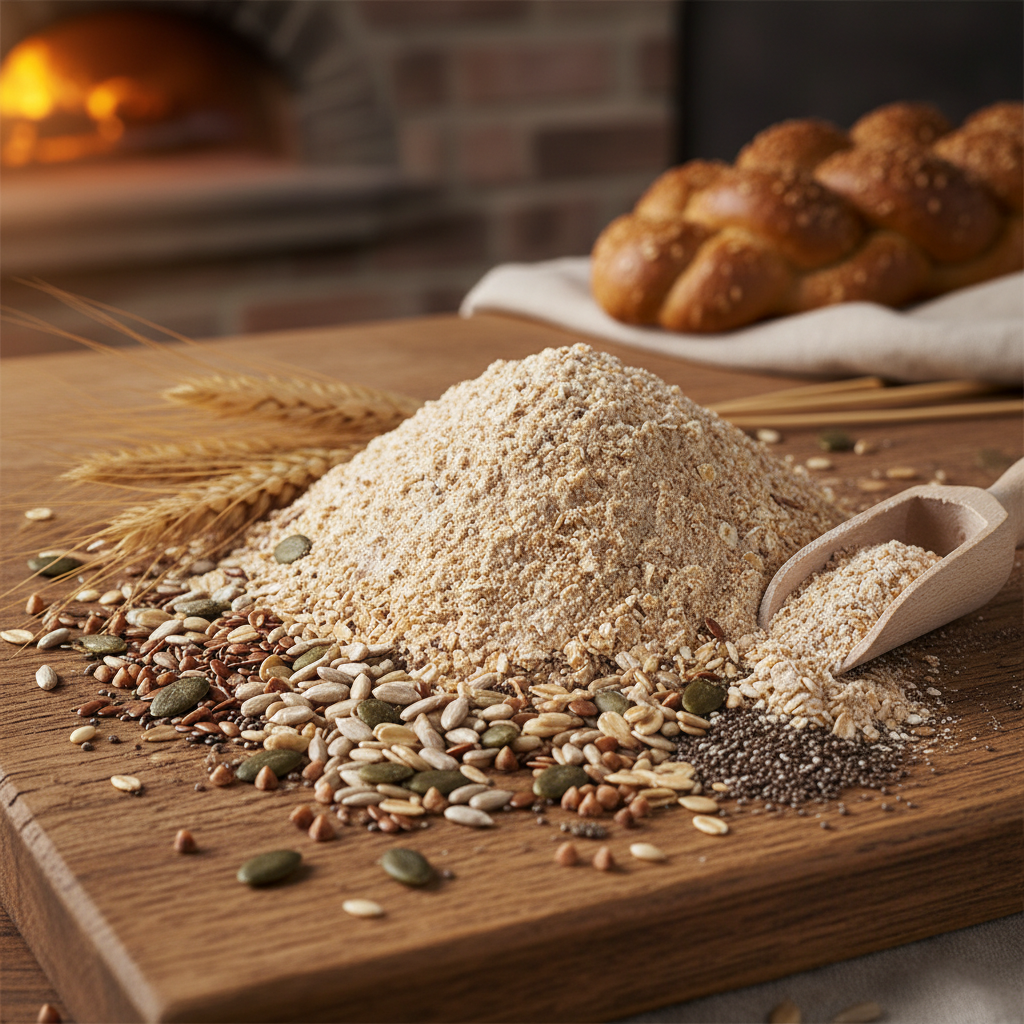 Multigrain flour with mixed seeds on wooden board