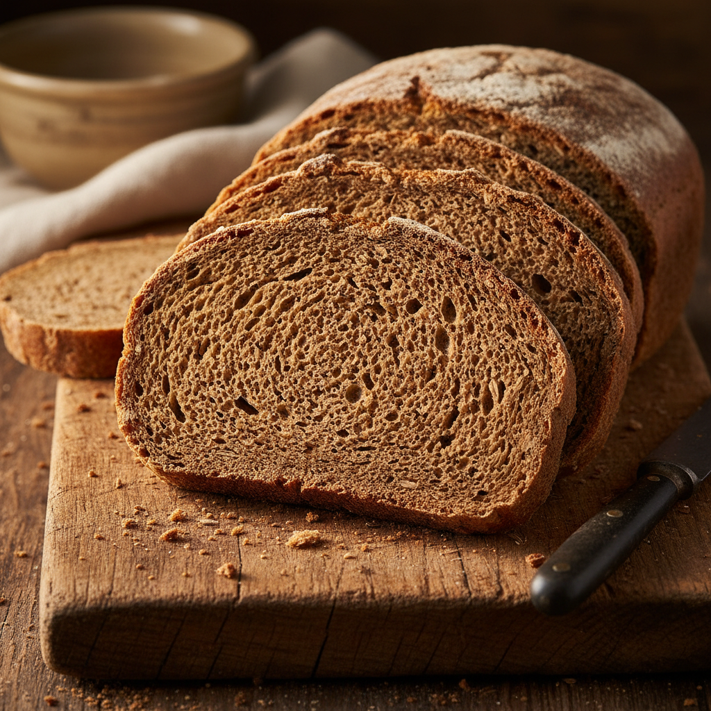 Rye bread sliced showing dense dark interior