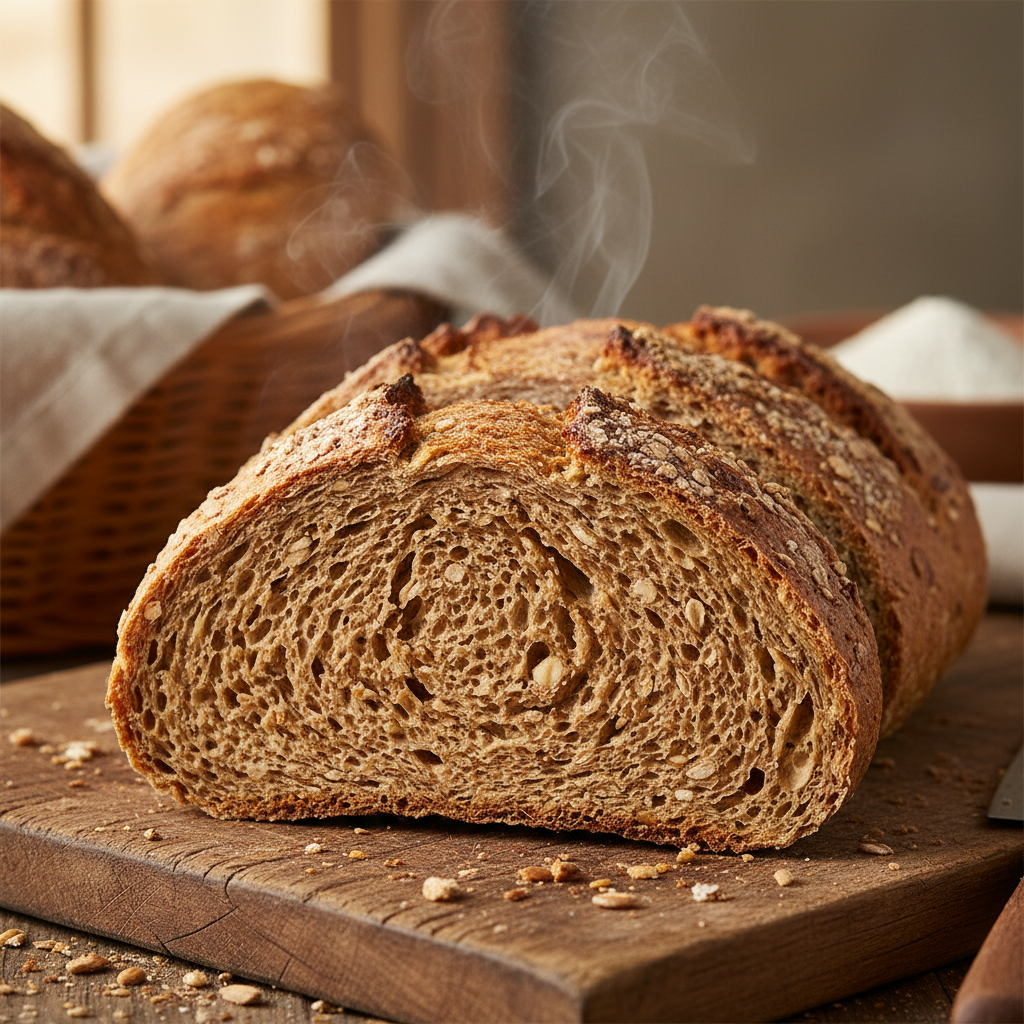 Whole wheat bread sliced showing dense interior