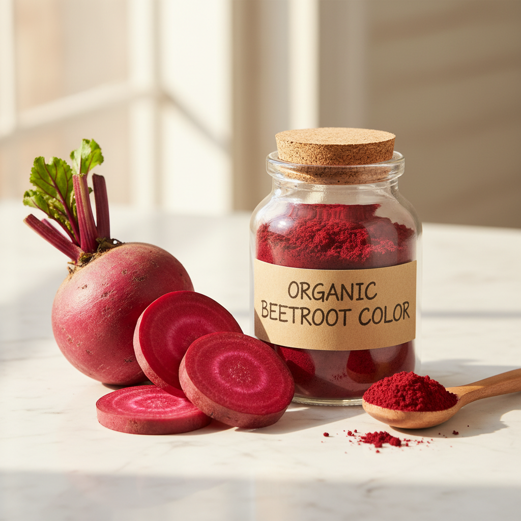 Glass jar of organic beetroot red food color with fresh beetroot