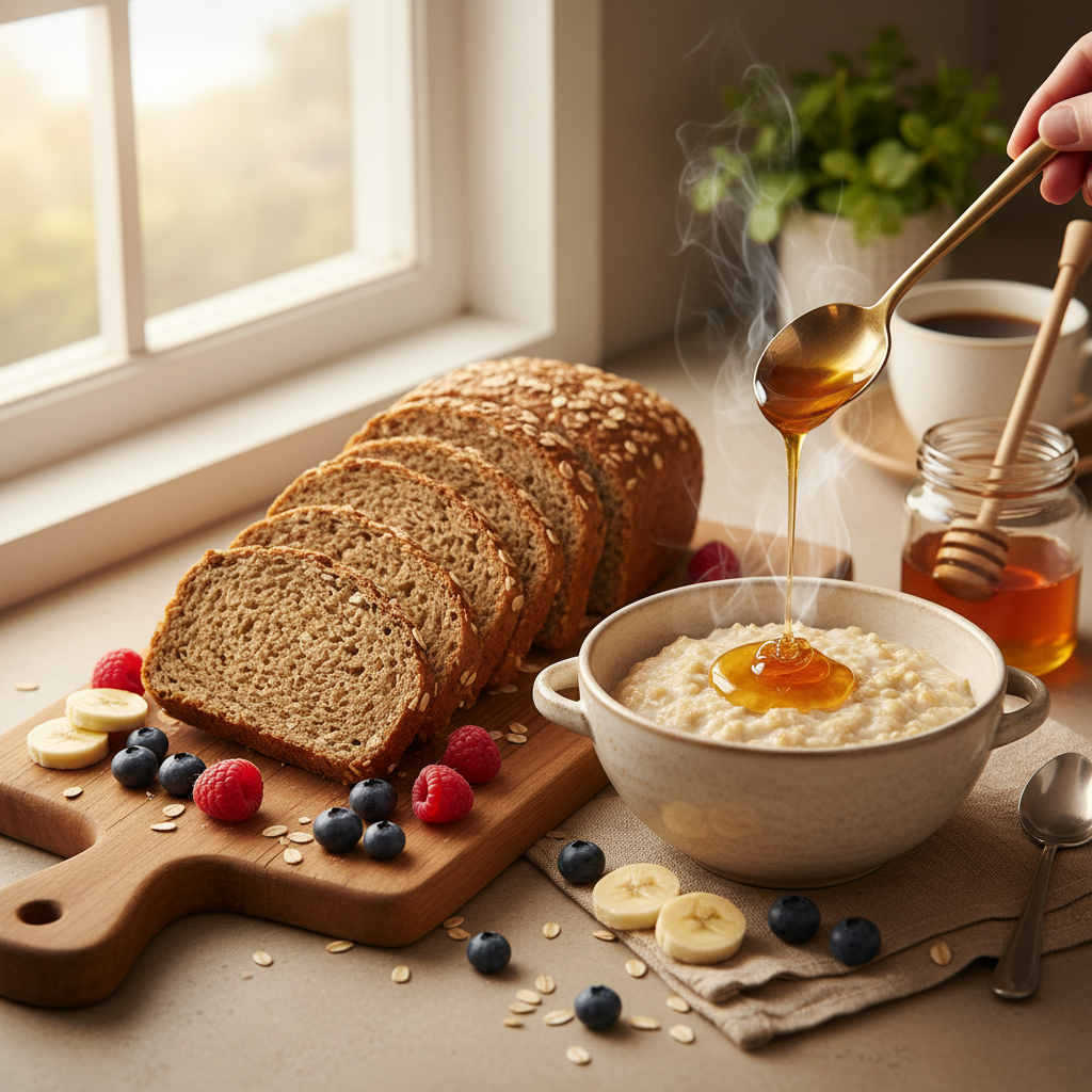 Oat bread lifestyle shot with oats and honey