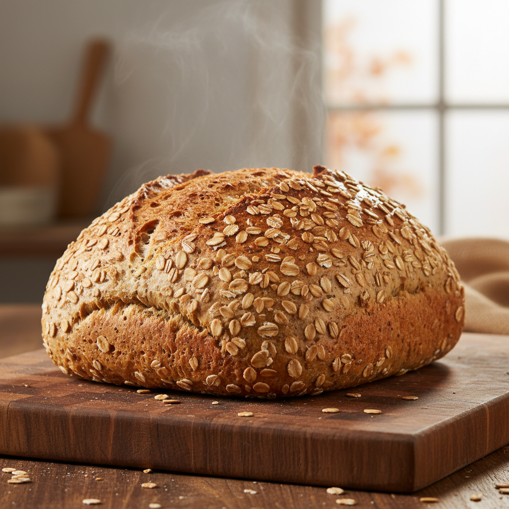 Freshly baked oat bread loaf topped with rolled oats