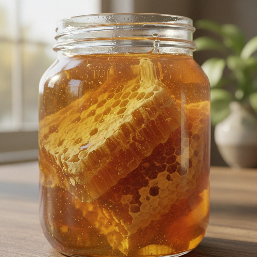 Close-up of raw honey in glass jar with honeycomb pieces
