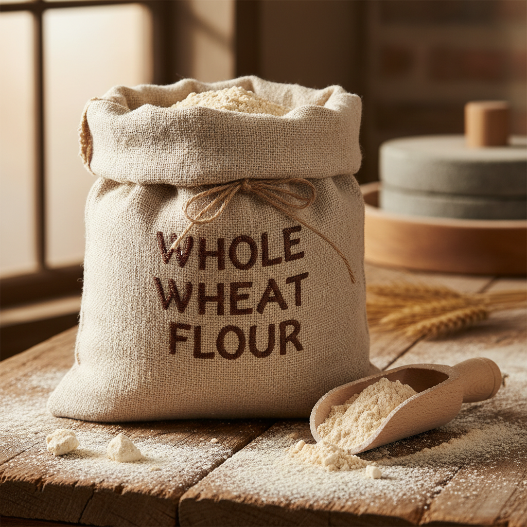 Whole Wheat Flour in rustic linen bag
