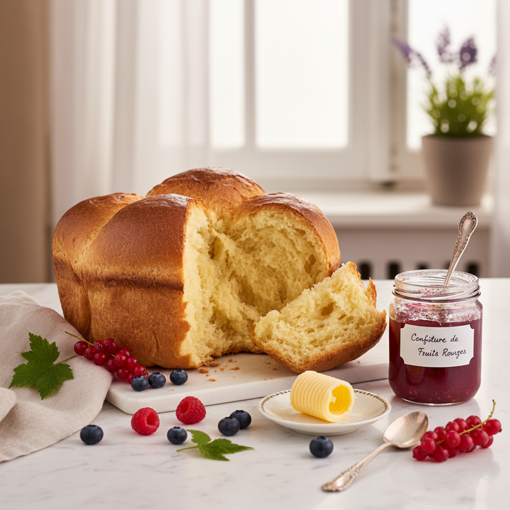 Brioche lifestyle shot with butter jam and berries