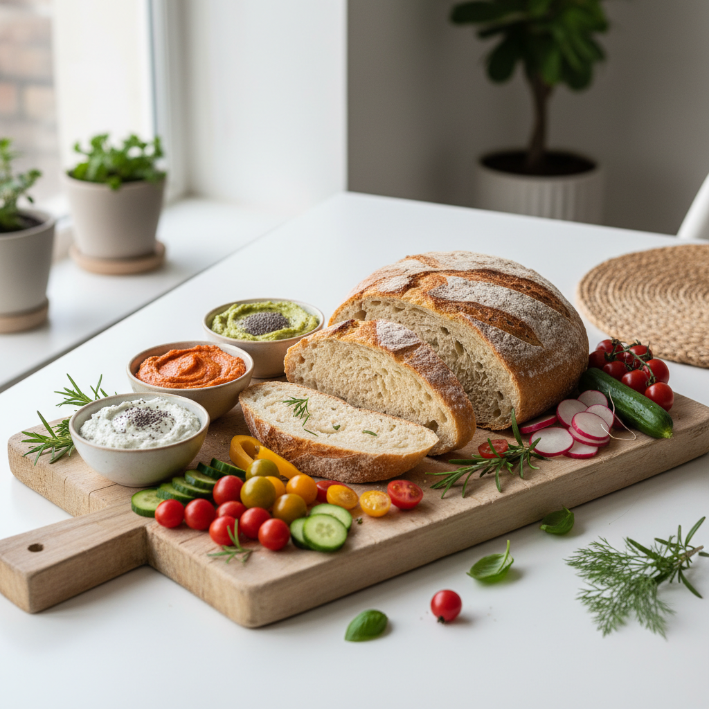 Vegan bread lifestyle shot with vegetables and hummus