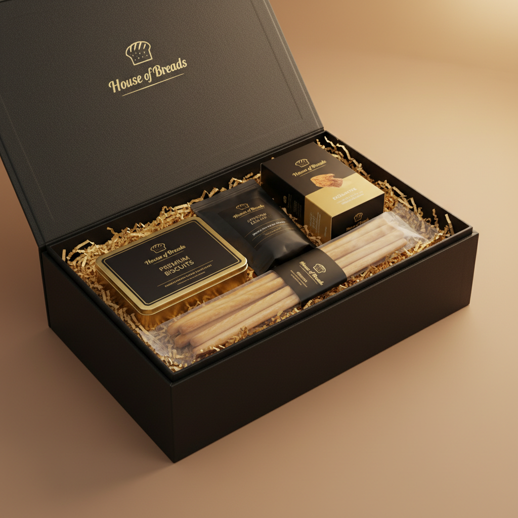 Corporate hamper in sleek black gift box close-up