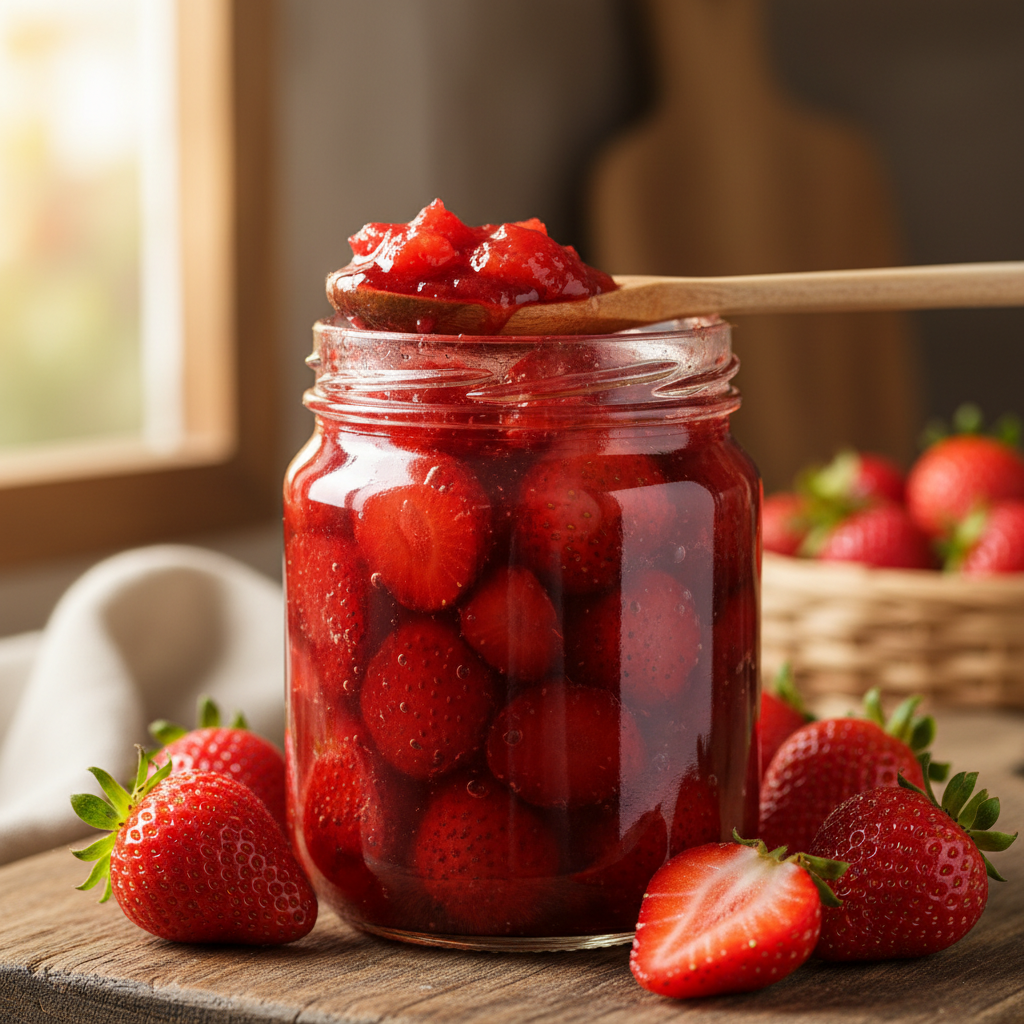 Strawberry preserve close-up showing chunky fruit texture
