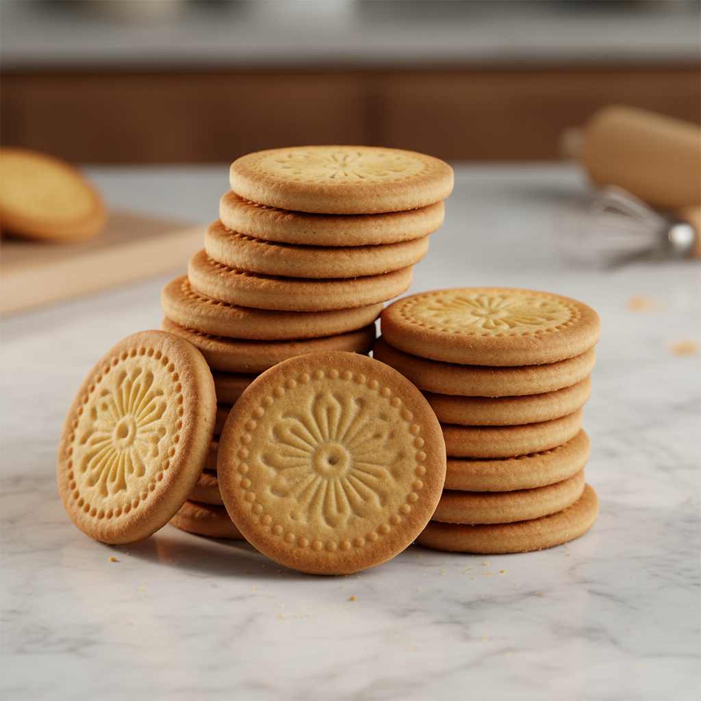 Stack of classic Marie biscuits on white marble