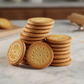 Stack of classic Marie biscuits on white marble