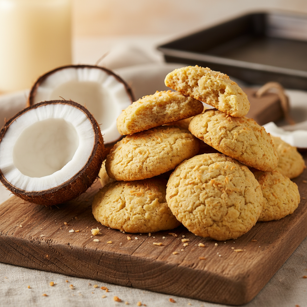 Stack of coconut cookies with fresh coconut