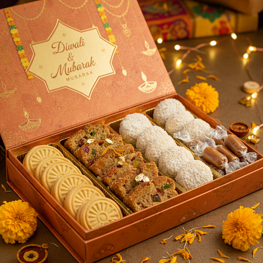 Festive Sweet Box with toffees, cookies, fruit cake and coconut cookies