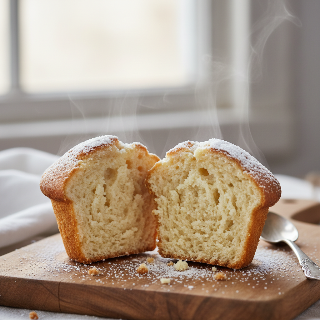 Vanilla muffin split open showing soft fluffy interior