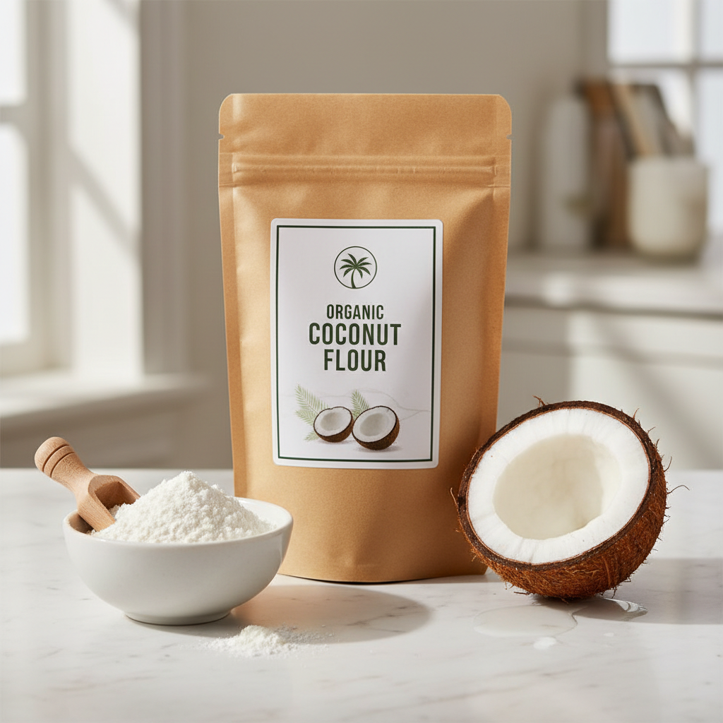 Kraft paper bag of coconut flour with coconut